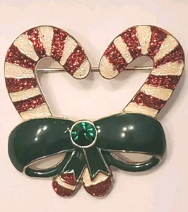 Vintage Candy Cane Glitter Enamel Heart Brooch Pin Christmas Holiday Jewelry - Picture 1 of 7