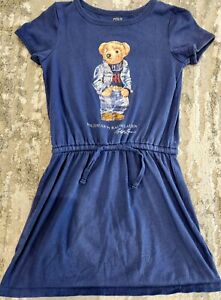 Girl Ralph Lauren polo bear draw string dress navy blue sleeve cotton small sz 6