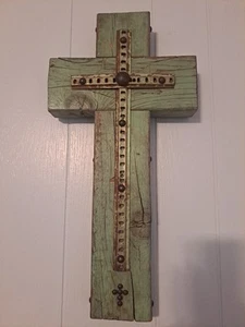 Große 9 1/2 x 19 Zoll Handarbeit Folkart Wandkunst Kreuz Holz & Metall türkis Farbe - Bild 1 von 8