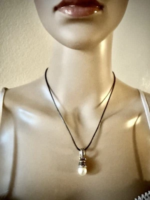 Sterling Silver 925  Dainty Pearl With Scrolling Accents Pendant With /blackcord - Image 1 of 4
