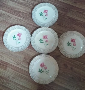 Vintage Nasco Queens Rose 5 Dinner Plates 22K Gold Trim 10 1/4" USA - Picture 1 of 3