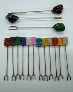 SET OF 15 VINTAGE MULTI-COLORED STONE TIKI HORS D'OEUVRE/ APPETIZER FORKS - Picture 1 of 6