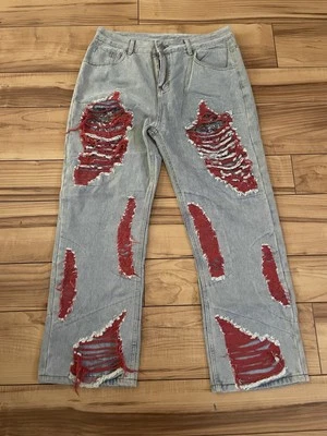 Новый! Джинсовые джинсы с вышивкой искусственно состаренные, размер 32/34 красные - Изображение 1 из 4