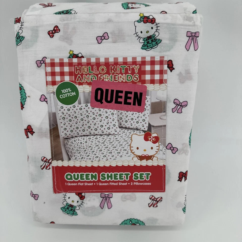 Hello Kitty Christmas Bow Wreath Queen 4-pc Sheet Set Sanrio Cotton Holiday