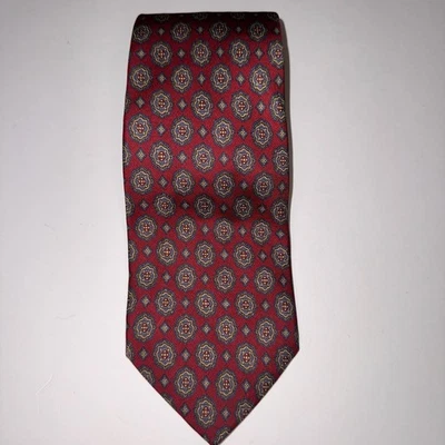Corbata Marc Jeffries 100% Seda Rojo Geométrico Medallón Patrón Hecha a Mano Italia Foto 1 de 4