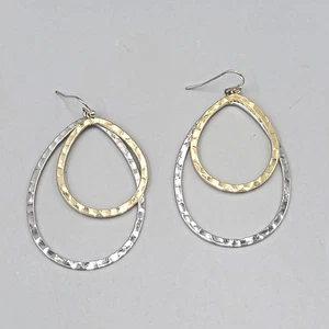 Pendientes Doble Lágrima Abierta Dos Tonos Tonos Tonos Tonos Tono Oro y Plata Cuelgan 2 pulgadas - Imagen 1 de 6