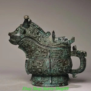 9" Old Shang Dynasty Bronze Ware Dynasty Beast Face Zun Cup Gong Drinking Vessel - Picture 1 of 13