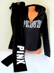 Victoria Secret Pink LOGO PULLOVER 3/4 ZIP PULLOVER HOODIE BOYFRIEND PANT L SET - Picture 1 of 7