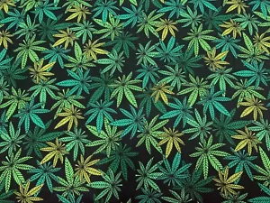 Tessuto cotone stampa marijuana arredo casa larghezza 57" foglia cannibus verde giallo - Foto 1 di 3