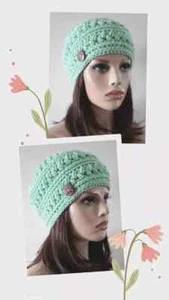 handmade crochet womans button hat beanie honeydew green puffs new - Picture 1 of 3