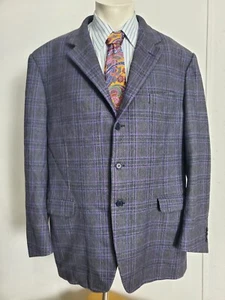 Trussini Sport Coat Mens 52 Gray Plaid Houndstooth Wool Cashmere Italy Blazer - Picture 1 of 20