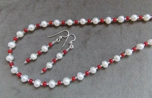 Holiday Petite Red Coral and White Freshwater Pearls Necklace Set 17" - Picture 1 of 4