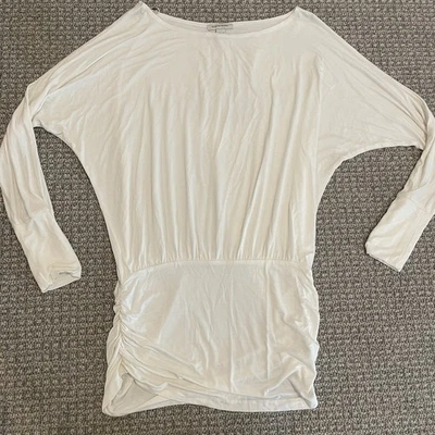 Boston Proper 衬衫女式中号白色帽袖皱褶束腰弹力长 Slv — 第 1/4 张图片