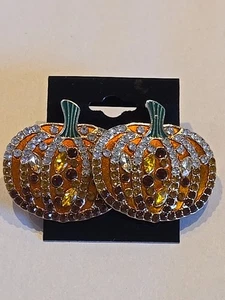Crystal Pumpkin earrings Fall fashion jewelry large 1.25" wide - Picture 1 of 11