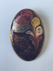 Retro Metal Art Deco Abstract Enamel Oval Floral Spray Brooch Bronze Tone - Picture 1 of 4