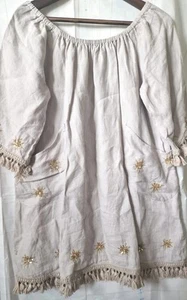 Pranella 100% Linen Lomo Dress Soft Minky Lilac With Gold Sequins, Tassels Boho - Picture 1 of 10