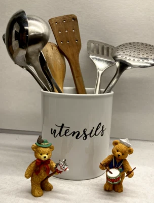 Kitchen Utensil Holder, Lg  6" W x 7" H Utensil Holder + 2 Teddy Bear Figurine - Image 1 of 4