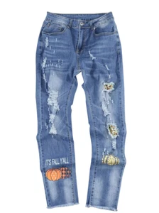 XXL NEU OHNE ETIKETT Damen blau roher Saum zerstört Patchwork It's Fall Y'all Kürbisjeans - Bild 1 von 5