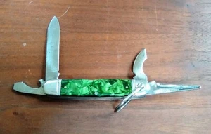 GIRL SCOUT 4 BLADE TOOL FEATHERWEIGHT FOLDING KNIFE GREEN MARBLE UTICA NY USA 🔪 - Picture 1 of 5