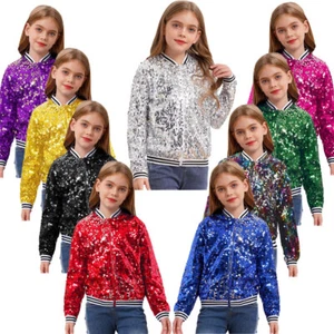 Girls Sequin Bomber Jacket Sparkle Lightweight Zipper Long Sleeve Disco Coat - Picture 1 of 107
