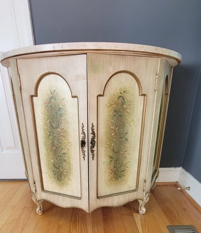 Vintage French Provincial Marble Top Hand Painted DemiLune Cabinet Cover