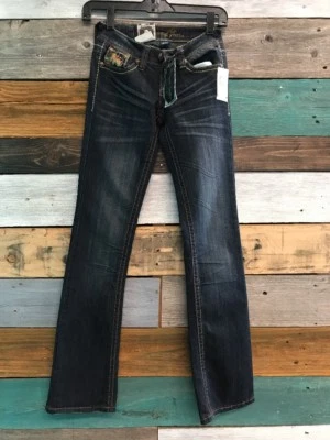 Pantalones de mezclilla REQUEST para mujer ZUMA adornados corte bota pierna azul talla 0 nuevos Foto 1 de 4