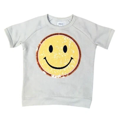 Gymboree Niñas Mangas Cortas, Talla XS (4), Beige con Lentejuelas Cara Smiley, Nuevo Foto 1 de 3