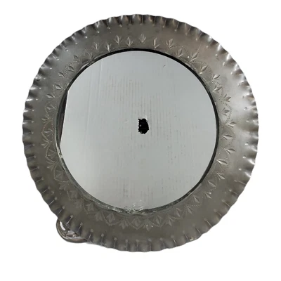 VTG Aluminum Standing Desk Mirror 10" Round Embossed Crimped Scalloped Patina - Image 1 of 4