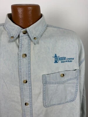 VTG Houston Livestock Show & Rodeo Denim Shirt Men XL Oversized Button Up Cowboy - Image 1 of 4