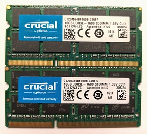 Crucial 32GB (2X16GB) DDR3L 1600MHz PC3L-12800 SODIMM Memory Ram CT204864BF Kit - Picture 1 of 2