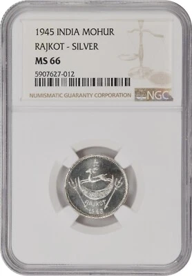 India Rajkot silver 1 mohur Dharmendra Singhji Restrike NGC MS66 X#1a 1945 - Image 1 of 4