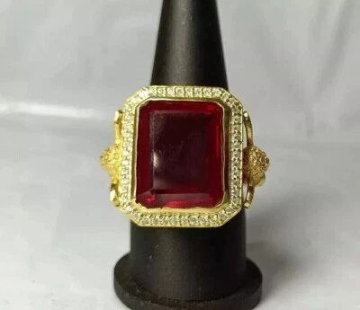 3Ct Emerald Cut Lab Created Red Ruby Men's Bishop Ring 14K Yellow Gold Plated - Image 1 of 4
