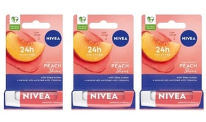 3 X Nivea PEACH SHINE Lip Balm With Shea Butter Natural Oil With Vitamin - Picture 1 of 2