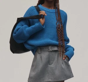 Anthropologie Pilcro Sweater Women Blue Crew Neck NWT Waffle Size L Pullover - Picture 1 of 10