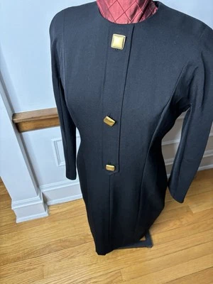 RONNIE HELLER Saks Fifth Avenue Gold Buttons Black Dress Vintage Wool Size L Foto 1 de 4