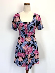 Roxy Womens Dress XS 6 Black Pink Bright Floral Button Up Shift Beach Coastal - Picture 1 of 14