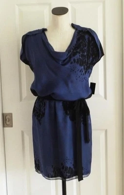 NWT Robert Rodriguez 100% Silk Blue Black Splatter Belted Cocktail Dress 6 $590 - Image 1 of 4
