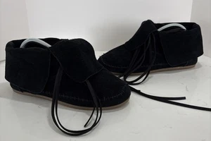 Tom Size US 9 Zahara Suede Lace Up Fold Over Womens Ankle Moccasins Boots Black - Picture 1 of 9