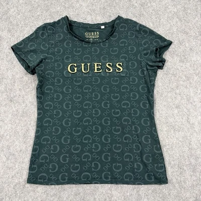 GUESS Eco Alexa Print Raised Letters Short Sleeve T-Shirt Women's Medium Green - Image 1 of 4