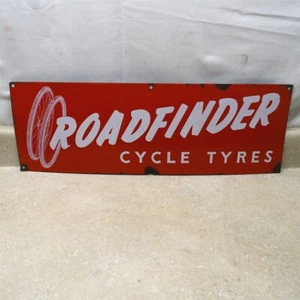 Vintage Roadfinder Cycle Tyres Sign, Metal 24" X 8" Porcelain - Imagen 1 de 9
