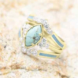 Turquoise Stone Ring - Gold Colored Wedding Rings Set - Size 7 Stackable Rings - Picture 1 of 5