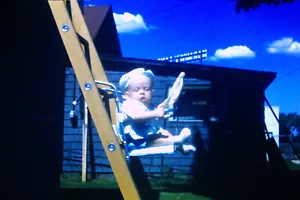 Vintage Baby In Car Seat On A Ladder 35mm Slide P43 - Picture 1 of 3