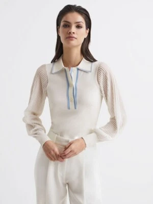 REISS Fran Sheer Long Sleeve Ribbed Stretchy Top in Ivory/Blue Size XS - Image 1 of 4