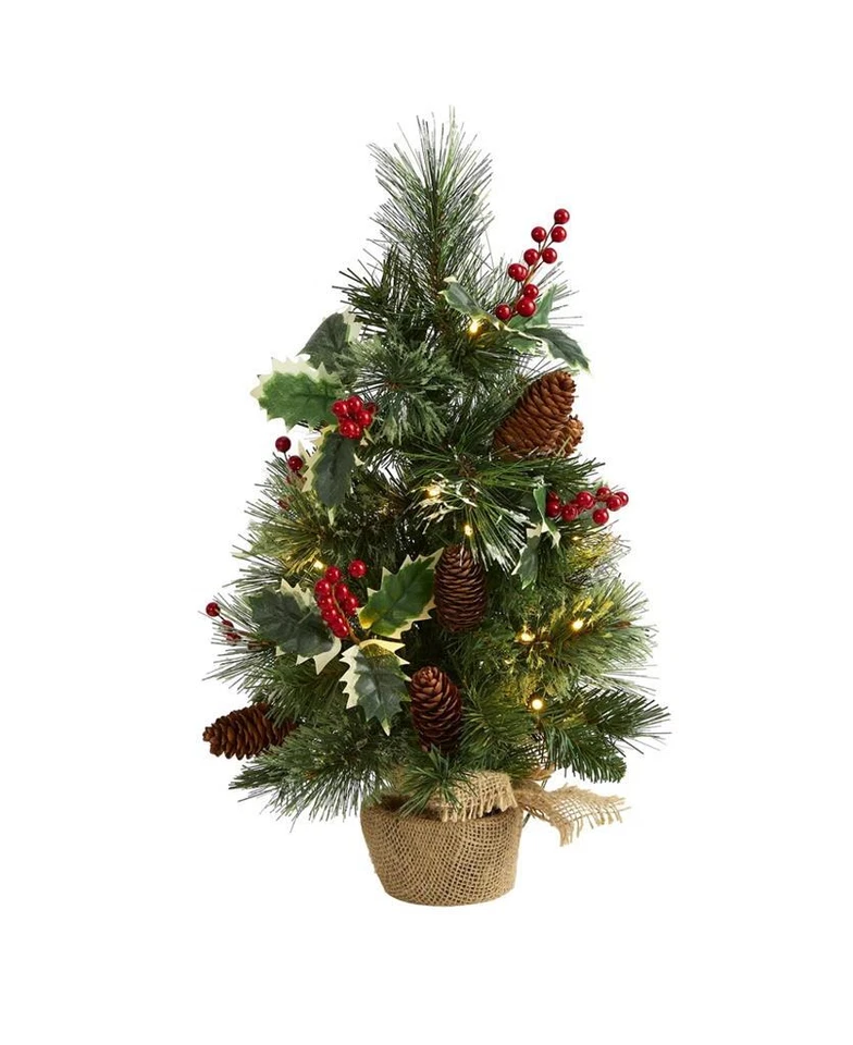Nearly Natural Green 18'' Green Mixed Pine & Holly LED Pre-Lit Christmas Tree - Image 1 of 1