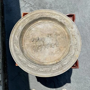 Embossed Platter Horse Carriage Brass Plate Vintage Large Hammered - Picture 1 of 11