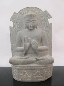Antigua escultura de estatua de trono de loto BUDDHA sentada en piedra de jabón tallada - Imagen 1 de 6