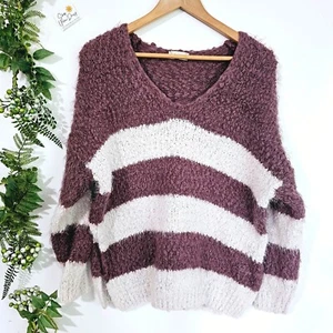 Maglione donna bordeaux e bianco a righe scollo a V grosso taglia M/L《873》J - Foto 1 di 5