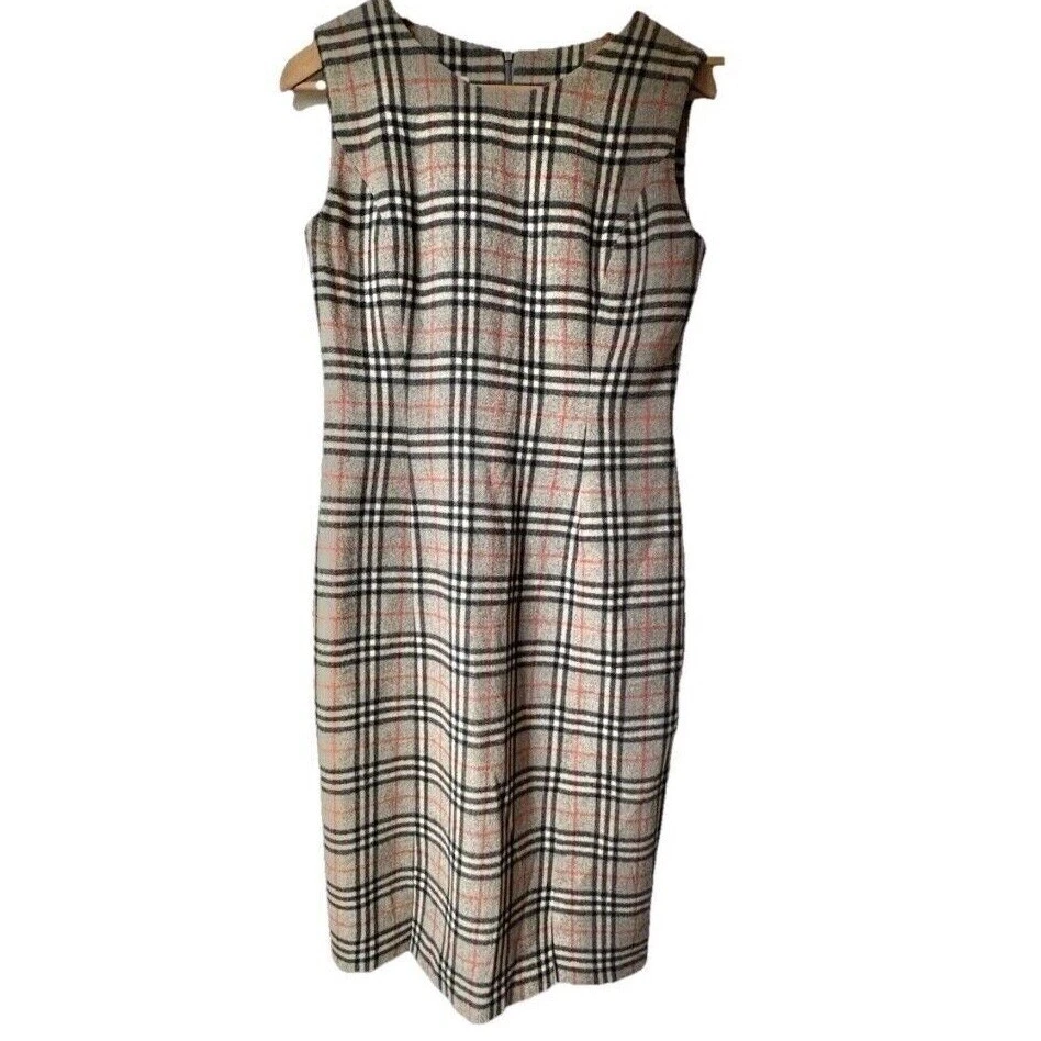 Camel Plaid Wool Tartan Dress, Fully Lined Back Zip MIDI Sleeveless Sheath SZ 8 - Image 1 of 4
