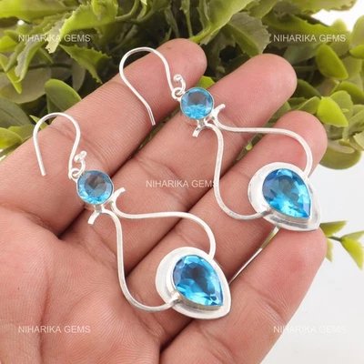 Orecchini Pendenti Etnici In Topazio Blu Svizzero In Argento 925 Per Sorelle - Immagine 1 di 4