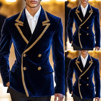 Chaqueta azul real para hombre abrigo de cuello con ribete dorado de doble botonadura para ropa de boda Foto 1 de 4